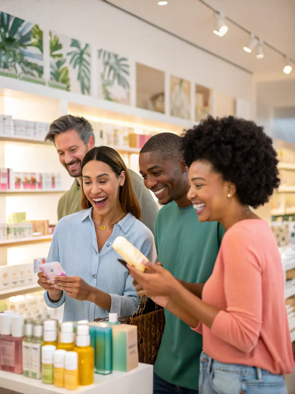A close-up shot of a diverse group of consumers enthusiastically testing a new skincare product, with genuine smiles and expressions of delight, showcasing the positive experience of product testing.