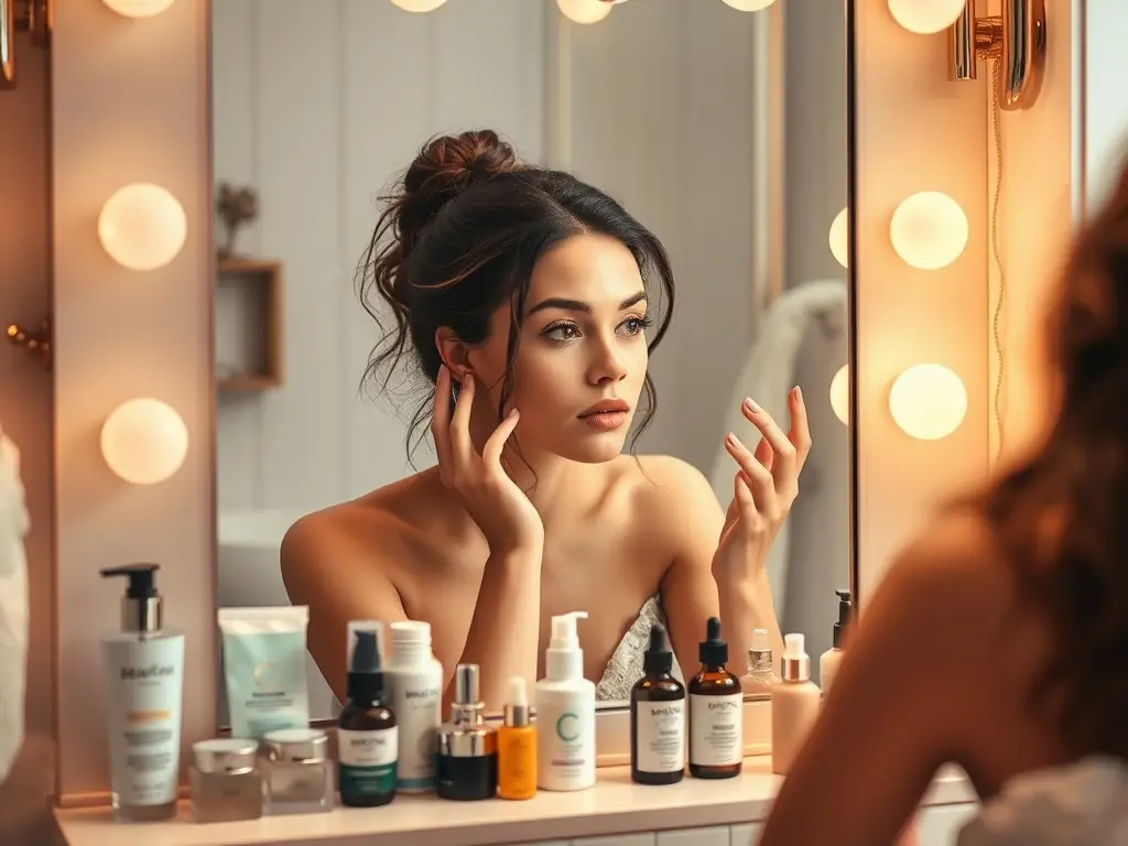 A person is smiling while using a new skincare product in a well-lit bathroom, with a focus on the product packaging and the user's positive expression.