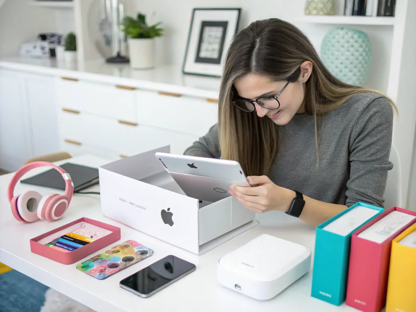 A consumer is excitedly opening a package containing a new tech gadget, with a bright, inviting background showcasing the Gratis Getest logo.