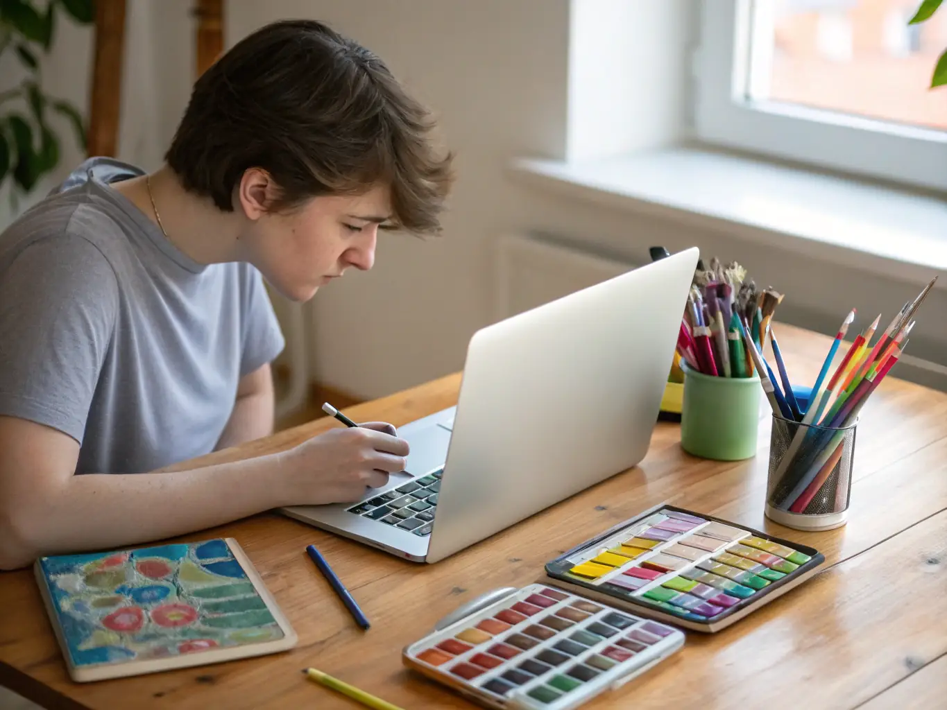 A person is thoughtfully writing a product review on a laptop, with a focus on providing detailed and constructive feedback, emphasizing the importance of honest reviews for Gratis Getest.